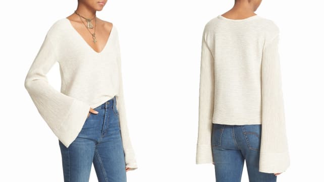 Free People Starman V-Neck Rib Bell Sleeve Knit Pullover